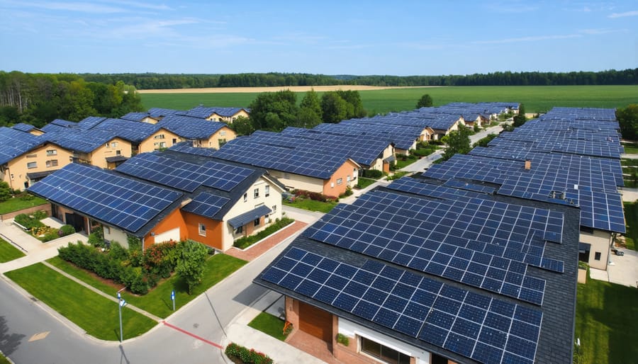 Bird's eye view of community solar panels installed in a central location serving multiple homes