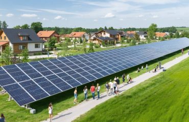 "Conceptual illustration of a community solar initiative showing diverse residents, houses, and a solar farm symbolizing collective engagement in renewable energy."