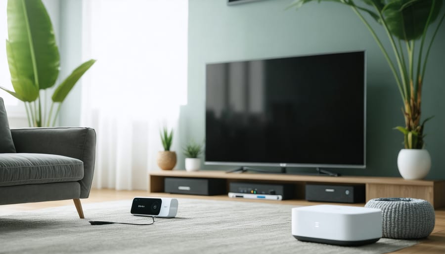 Living room featuring connected smart devices including thermostat, lighting, and appliances