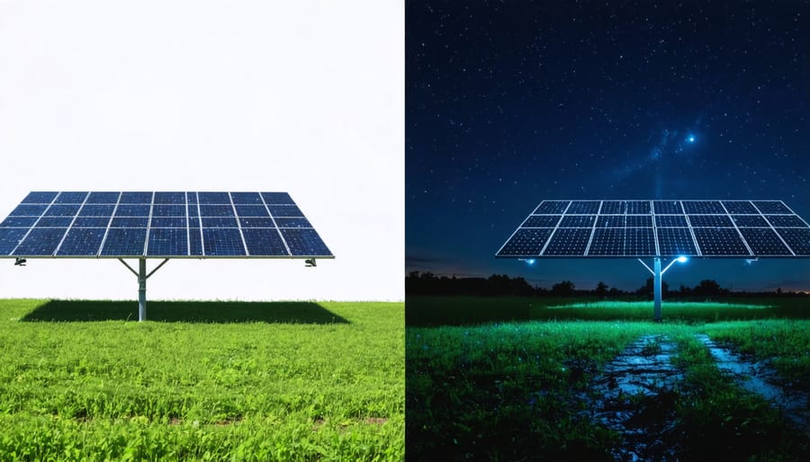 Side-by-side comparison of daytime solar power and nighttime biomass power generation