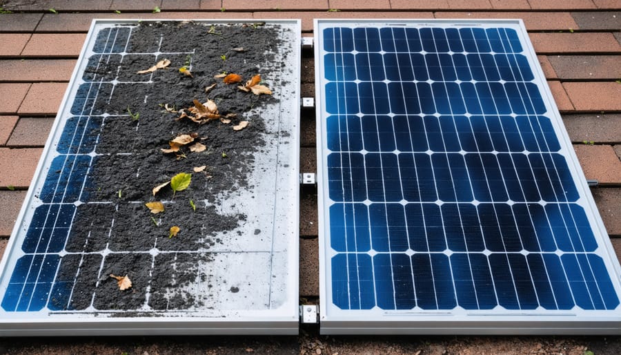 Side-by-side comparison of dirty versus clean solar panels showing efficiency difference