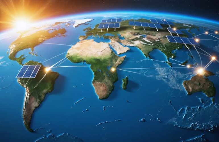 Artistic representation of a globe highlighting emerging markets like India, Brazil, and Vietnam with integrated solar panels, illustrating solar energy's transformative impact and interconnected growth worldwide.