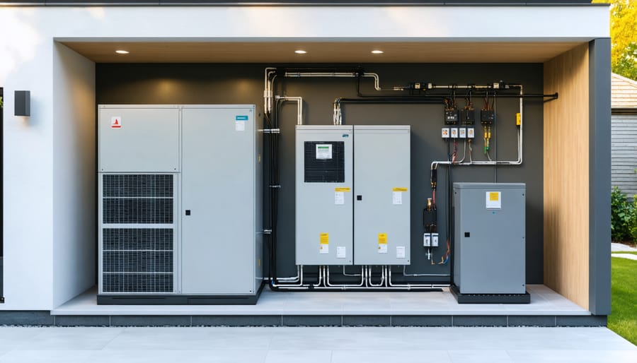Residential energy storage system installation with modular battery components and standardized connection ports