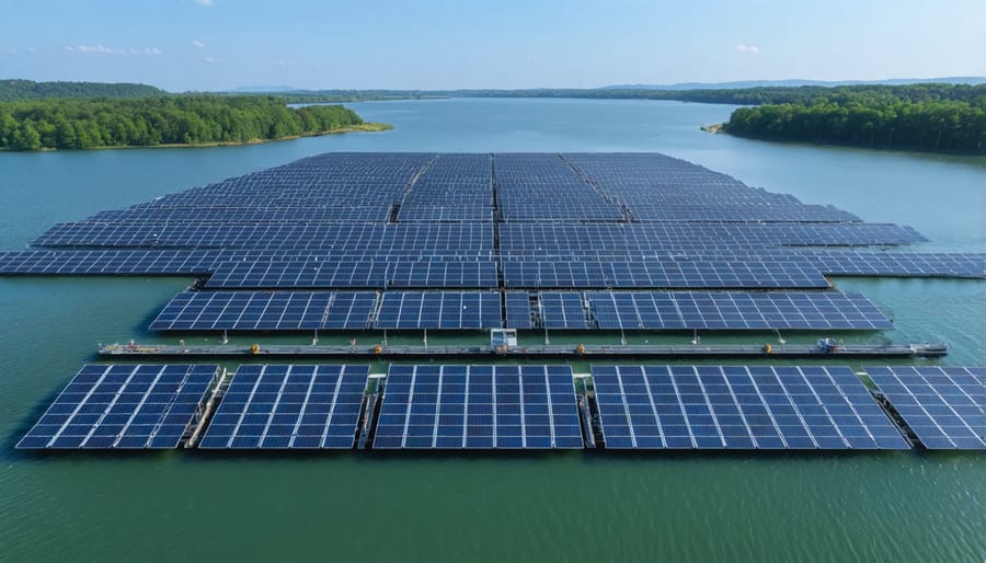 Bird's eye view of floating solar panels arranged in a grid pattern on calm water