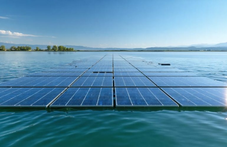 A futuristic floating solar farm with neatly arranged solar panels on a calm lake, capturing sunlight, under a clear blue sky with greenery lining the shore.