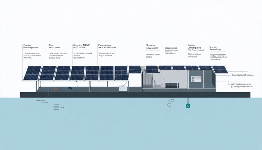 Detailed illustration of floating solar panel mounting system showing pontoons, anchoring, and panel configuration
