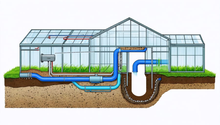 Cross-sectional illustration of geothermal heat loops installed under a greenhouse with temperature flow indicators