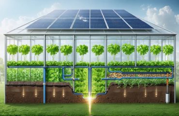 Cross-sectional illustration of a greenhouse with geothermal loops underground and solar panels on the roof, highlighting the energy synergy between geothermal and solar power in maintaining optimal growing conditions for plants.