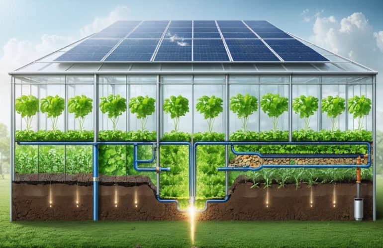 Cross-sectional illustration of a greenhouse with geothermal loops underground and solar panels on the roof, highlighting the energy synergy between geothermal and solar power in maintaining optimal growing conditions for plants.