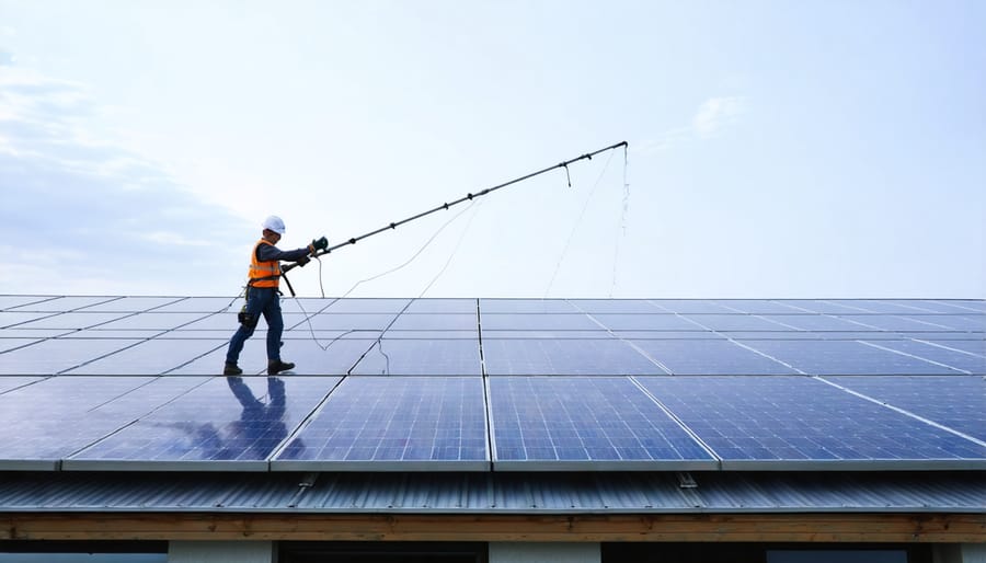 Demonstration of safe solar panel cleaning using an extension pole from the ground