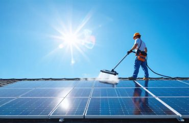 Homeowner using telescopic cleaning equipment from the ground to clean solar panels on the roof, showcasing a safe method of maintaining solar efficiency.