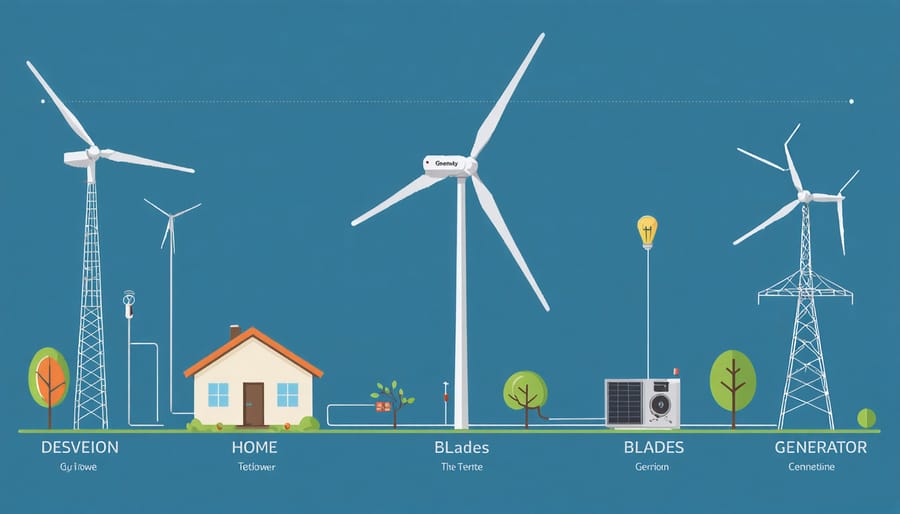 Technical illustration of home wind turbine system components and their connections