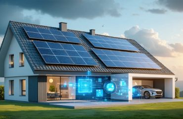A futuristic digital illustration of a home equipped with hybrid solar panels, a sophisticated energy management system displaying energy flow between solar panels, battery storage, and the home grid in real-time.