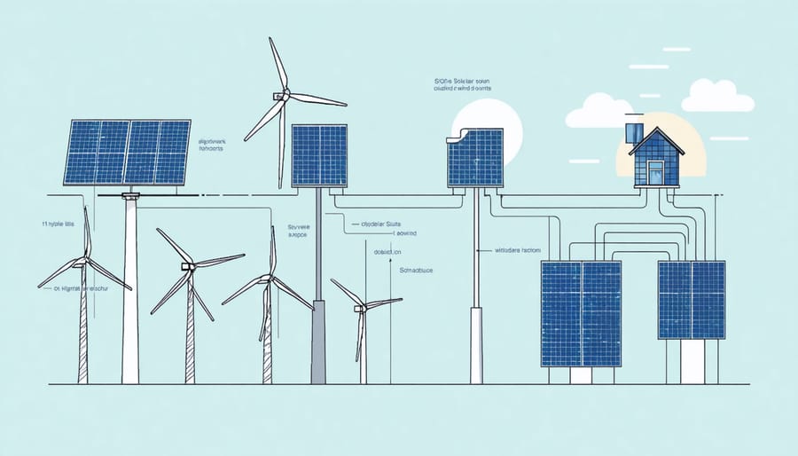 Labeled illustration of solar panels, wind turbine, batteries, and integration equipment in a residential hybrid system