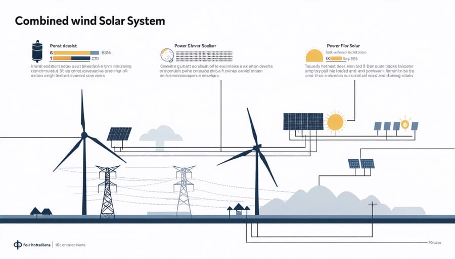 Diagram of hybrid wind and solar power system showing how both sources work together