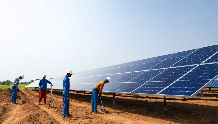 Aerial view of extensive solar panel installation in India with maintenance crew