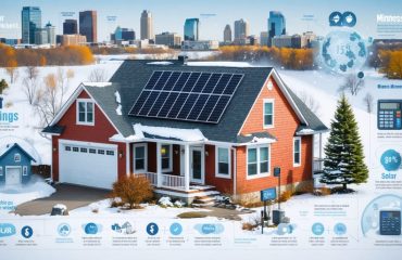 Minnesota home with solar panels on the roof, surrounded by symbols of rebates and savings to illustrate financial incentives for solar adoption.