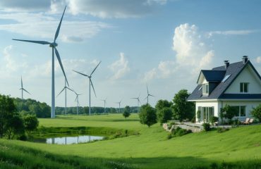 A picturesque view of a suburban home with modern wind turbines, representing the integration of wind energy into residential settings and symbolizing sustainable living.
