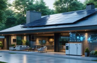 A smart home featuring solar panels on the roof and an advanced battery storage system with a real-time energy monitoring display, set amidst a green, eco-friendly landscape.