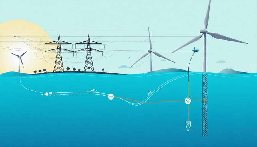 Infographic illustrating offshore wind turbine connections to power grid via subsea cables