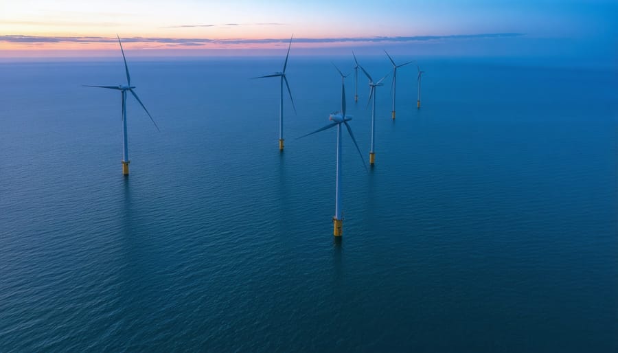 Large-scale offshore wind farm with dozens of wind turbines stretching across the ocean horizon