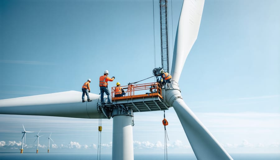 Maintenance technicians working on massive offshore wind turbine