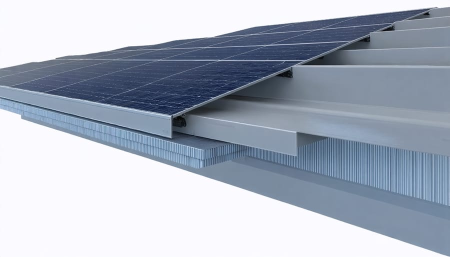 Installation diagram showing mounting brackets and spacing for bifacial solar panels behind windows