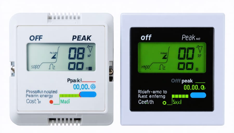 Smart meter display comparing energy consumption and costs during peak and off-peak hours
