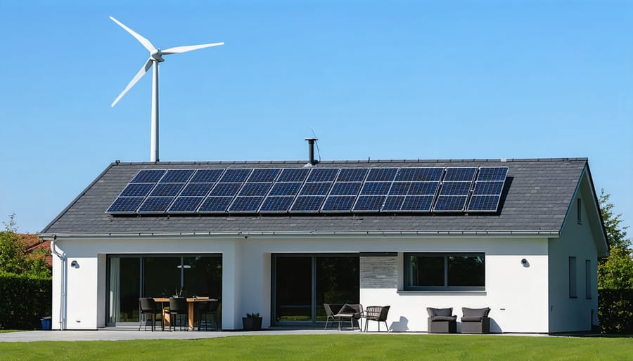 Residential property featuring an installed hybrid solar and wind power system
