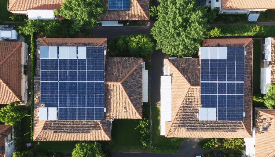 Bird's eye view of homes with solar panels installed at different angles and orientations