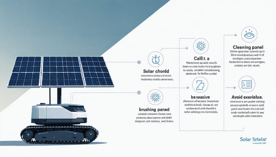 Technical diagram of robotic solar panel cleaner components and features