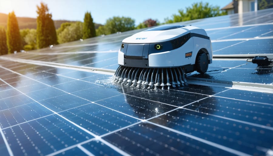Automated robot cleaning solar panels on a residential roof