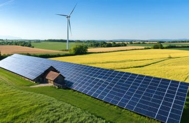 Aerial view of rural farmland featuring solar panels across open fields, a tall wind turbine in the distance, and a quaint farmhouse with a barn, representing the integration of clean energy in rural communities.
