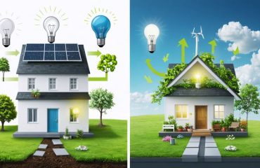 Illustration of a home showcasing smart energy habits such as digital thermostats, energy-efficient lighting, and solar panels, highlighting the contrast between high and low energy consumption scenarios.