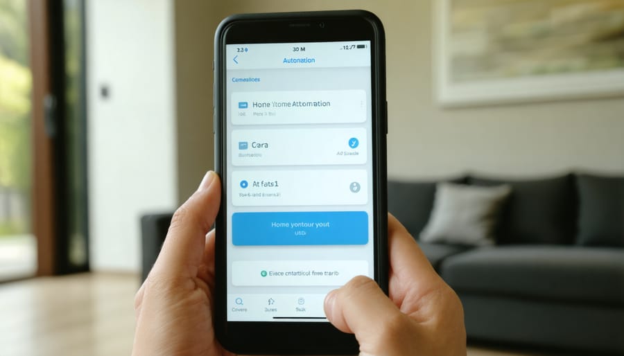 Homeowner using smartphone app to control smart home features including security and climate