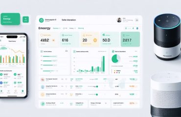 Digital interface showing smart home energy consumption dashboard with real-time solar statistics, energy savings metrics, and automated controls displayed on a smartphone and digital assistant device.
