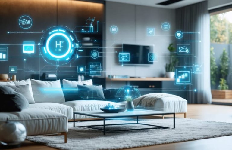 A modern living room showcasing smart home technology, including a smart thermostat, energy monitoring devices, and smart appliances, all connected through a sleek digital dashboard.