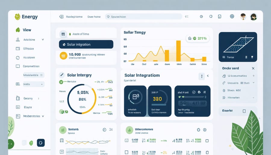Smart home control panel displaying energy usage, solar production, and cost savings metrics
