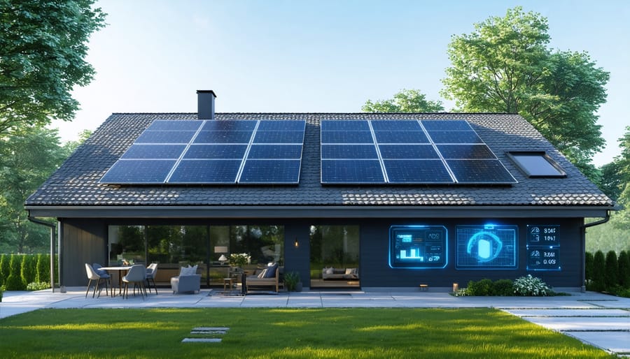 Smart home featuring solar panels and battery storage system with digital energy monitor