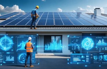 A visual representation of smart quality control practices in solar installations, featuring a solar technician inspecting panels, a comparison of well-maintained versus degraded panels, and smart monitoring devices showing solar performance metrics.