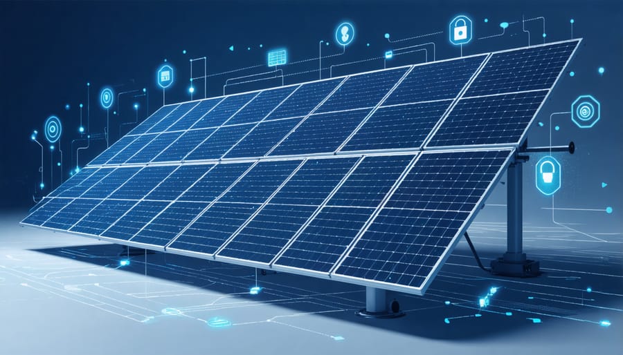 Illustration showing solar panels connected to a smart home network with cybersecurity elements