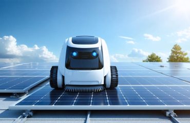 High-tech robotic cleaner maintaining a solar panel array on a home rooftop, with microfiber brushes and sensors showcasing advanced solar maintenance technology.