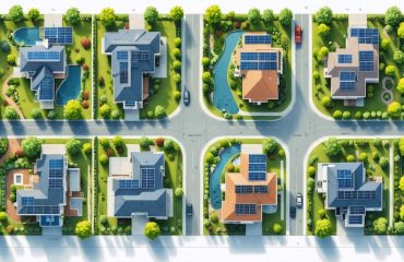 Aerial view of a neighborhood showcasing solar panels on rooftops, strategically positioned for optimal energy efficiency and environmental sustainability, featuring harmonious landscape integration.