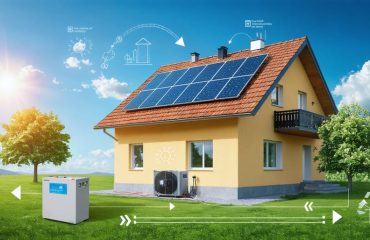 An illustration depicting a home with solar panels, a solar battery storage unit, and arrows indicating energy flow from sunlight to battery and house, emphasizing energy capture and independence.
