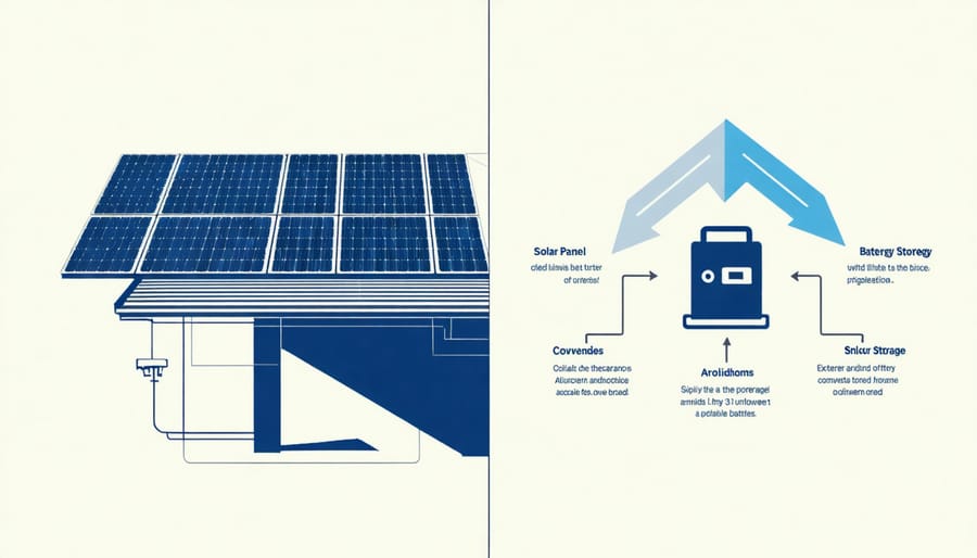Visual diagram demonstrating energy flow between solar panels and home battery storage system