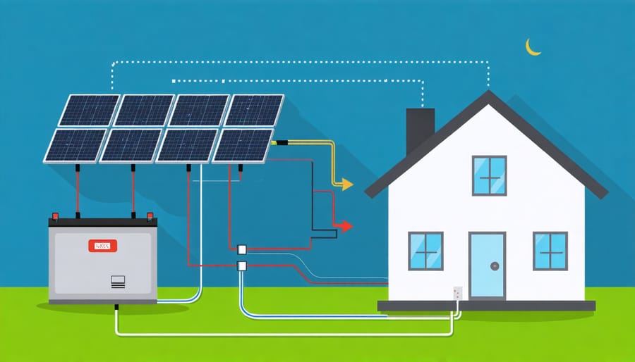 Illustration of solar energy flow from panels to battery storage and home during daylight hours