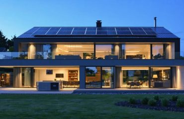 Conceptual illustration of a home powered by integrated solar and biomass energy systems, depicting a smooth transition from day to night energy production.