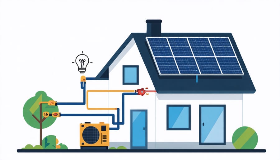 Infographic illustrating how solar panels and biomass systems work together to power a house