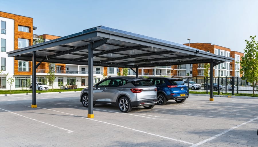 Covered parking structure with solar panels serving as the roof, providing shade and power generation