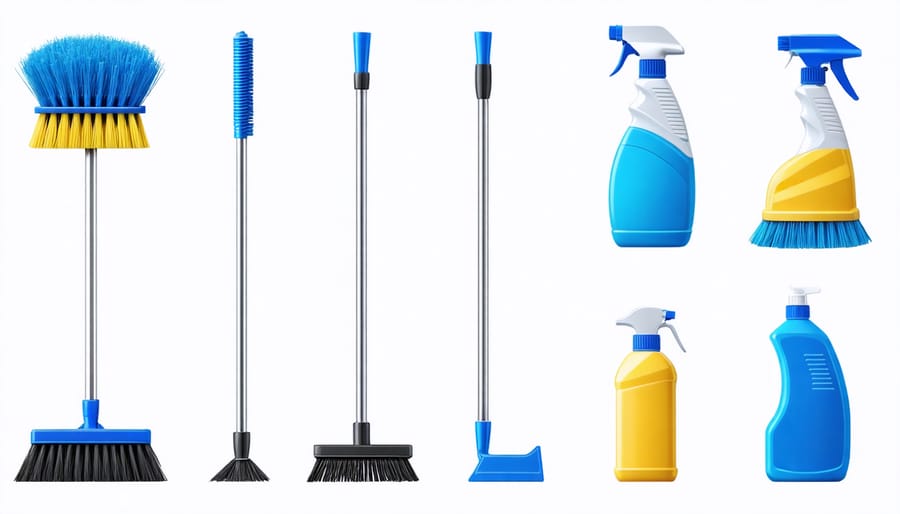 Array of solar panel cleaning equipment and tools for ground-level maintenance